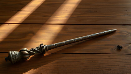 Naklejka premium One old magic wand on wooden table isolated with white highlights, png