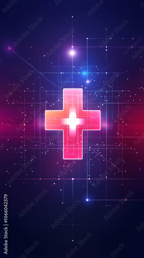 Leinwandbilder the intersection of healthcare and technology is symbolized by a digitally rendered glowing red cros