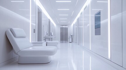 Obraz premium Futuristic white corridor in a modern medical facility, featuring sleek furniture and bright LED lighting, exuding a clean and sterile atmosphere.