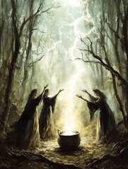 
A haunting depiction of Shakespeare’s Macbeth, featuring three witches conjuring dark magic over a glowing cauldron. Twisted trees frame the ominous scene, as bolts of ethereal light streak through