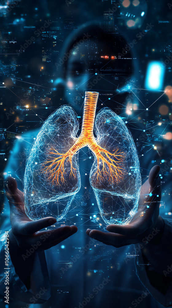 Fototapete scientist is holding a futuristic 3d projection of human lungs, visualizing data in augmented realit