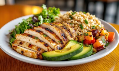 Grilled chicken, avocado, brown rice, and roasted vegetables on a white plate.