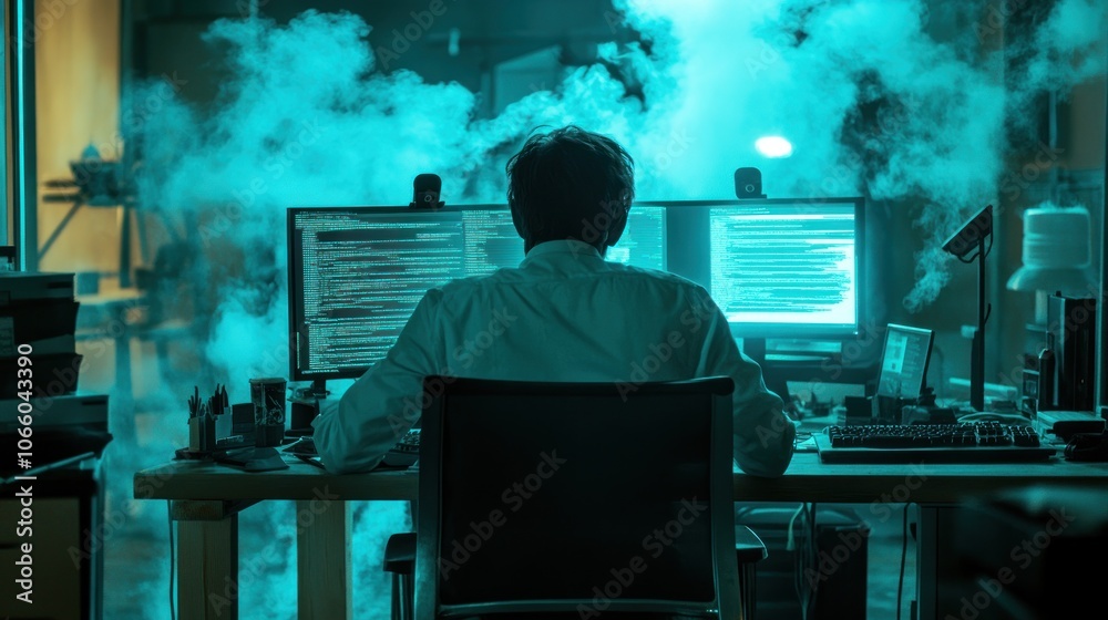Poster A Hacker Working on a Computer in a Dark Room Filled With Blue Smoke