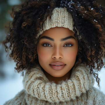 Biracial Woman with Curly Wearing Cream Ribbed Knit Turtleneck Sweater and Knot Headband, Snowy Outdoors