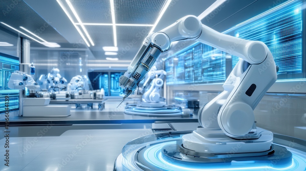 Poster robotic arm in a modern, futuristic laboratory setting
