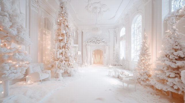 christmas decoration covered with snow in a white room - Powered by Adobe