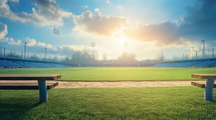 Fototapeta premium Serene Sports Field at Sunset with Benches