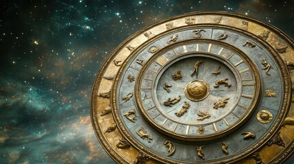 Obraz premium Celestial Zodiac Wheel Against Starry Background