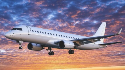 Obraz premium Private Jet Flying Against Colorful Sunset Sky