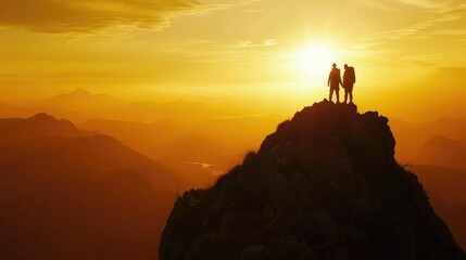Naklejka premium Silhouettes of two mountain climbers on the peak during the golden sunset