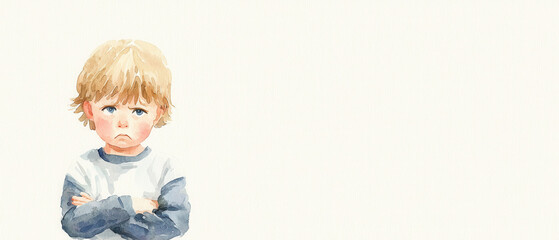Fototapeta premium A young boy with disheveled hair, crossing his arms and displaying an unhappy expression against a pale background.