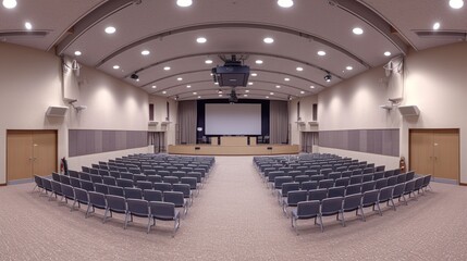 Obraz premium An empty auditorium with rows of chairs facing a stage with a projector and screen.
