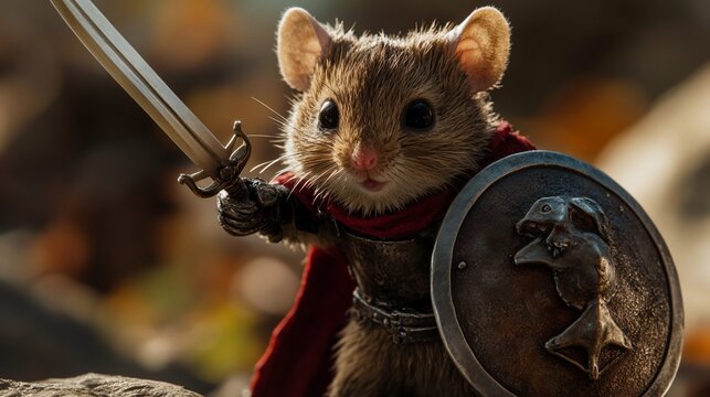 Fototapeta A brave little mouse warrior, dressed in armor with a sword and shield, stands ready for battle.