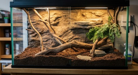 Terrarium setup with branches, soil, and plants for reptiles or amphibians