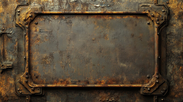 Close-up of a weathered, rusty metal industrial surface with bolts and frames, evoking an aged and textured aesthetic