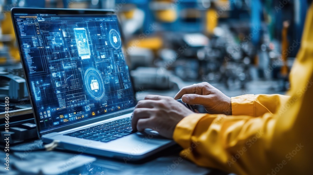 Poster A worker in a yellow jacket uses a laptop with a glowing digital display in a factory setting.
