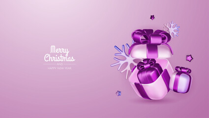 Fototapeta premium Merry Christmas and happy new year background. Christmas tree, Gift boxes, Christmas balls. Christmas element for web, banners, greeting card, template design.