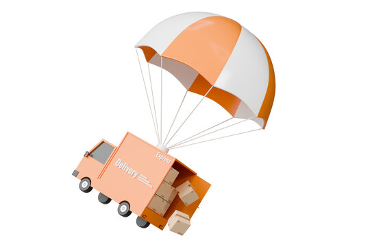 3d Delivery Car with flying parachute icon. Minimal Cartoon Fast Truck shipment package with hot air balloon. Cargo delivery service, Online Shopping concept on isolated orange background. 3d render.