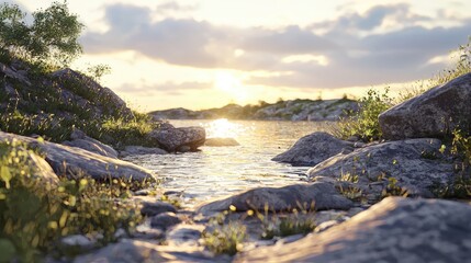 Fototapeta premium Sunset Glow Illuminates a Rocky Streambed