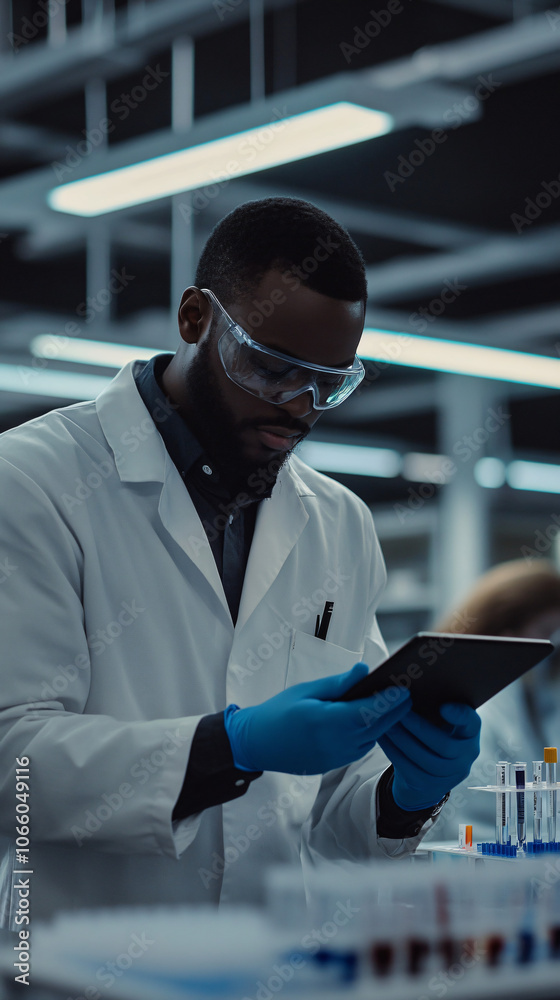 Aufkleber in a contemporary laboratory, a scientist in a lab coat and safety goggles is using a digital tablet