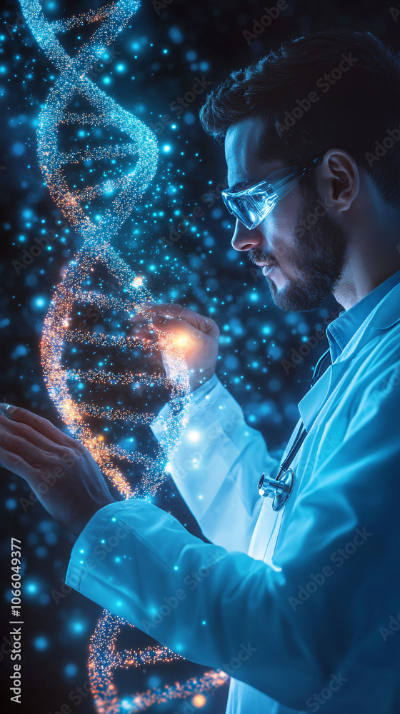 Poster scientist in a lab coat and safety glasses is manipulating a glowing double helix dna with their han