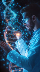 Naklejka premium Scientist in a lab coat and safety glasses is manipulating a glowing double helix dna with their hands