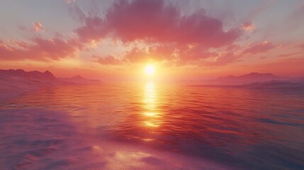 Obraz premium A vibrant sunset casts a warm glow over a tranquil ocean, with the sun setting behind the horizon, creating a stunning and serene landscape.