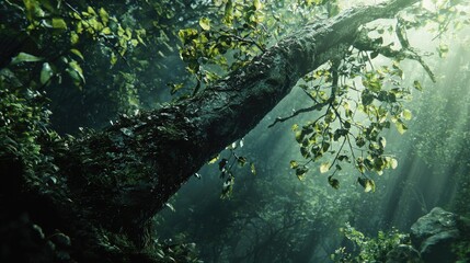A Lush Forest Tree Branch with Sunlight Filtering Through the Leaves