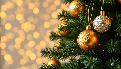 Obraz premium Christmas Tree With gold Baubles close-up against backdrop of golden sparkling Christmas lights. Wide format banner. Background with atmosphere of celebration and magic isolated with white highlight