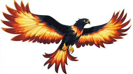 Fototapeta premium Black and Orange Firebird with Spread Wings in Flight