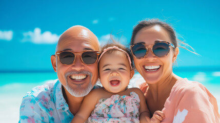 Obraz premium Happy family, laughing and piggyback at beach in summer for relax, travel and holiday in Miami. Parents, children and people at ocean with back ride for trust, vacation and bonding together by water