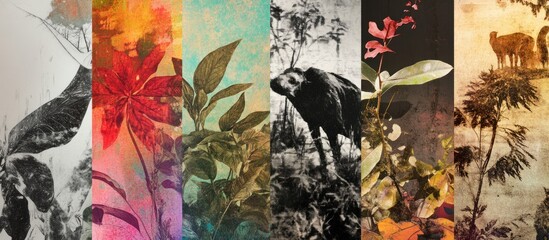 Fototapeta premium Six vertical panels of different textures and styles, each featuring a nature scene.