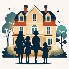 Beautiful minimalstic illustration of a Family in silhoutte standing infront of an House. 