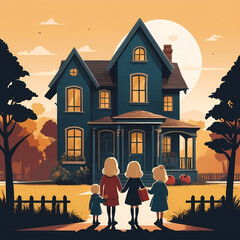 Beautiful minimalstic illustration of a Family standing infront of an old villa while the sun is setting.