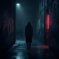 silhouette of a person in a rainy night. Illustration Art