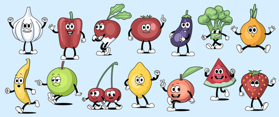 Naklejka premium Set of funny retro characters. Doodle stickers with groovy comic vegetable and fruit characters with faces and gloved hands. Cartoon flat vector illustration collection isolated on background