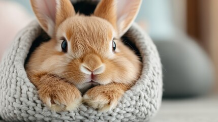 Adorable bunny nestled in a cozy knitted blanket, exuding warmth and comfort, AI