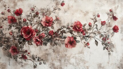 A Delicate Branch of Red Roses with Green Leaves on a Rustic Background