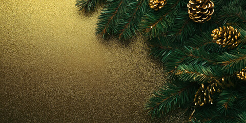Festive christmas tree branches and gold pine cones with glittering background