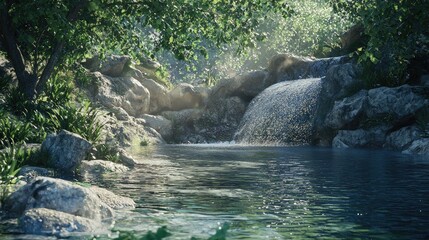 Fototapeta premium A cascading waterfall flows into a still pool of water surrounded by green foliage and rocks.