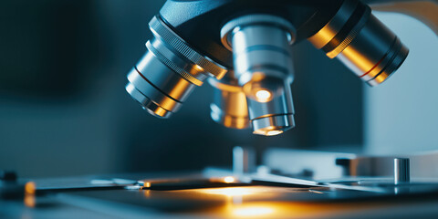 Fototapeta premium Close-up of microscope lenses illuminated in laboratory setting