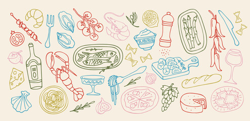 Mediterranean food doodle set. Icons or symbols with traditional Italian cuisine, seafood, pasta, vegetables and wine. Healthy Diet. Hand drawn outline vector illustration isolated on background © Rudzhan