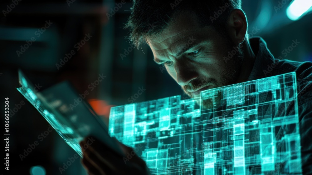 Poster Man Focused on a Holographic Interface with Digital Data