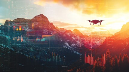 Fototapeta premium A drone flying over a mountain range at sunset with data overlay. The sky is orange and pink, and the mountains are covered in snow. The data overlay shows charts and graphs.