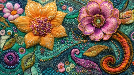 Intricate Embroidery of Colorful Flowers and Swirling Vines