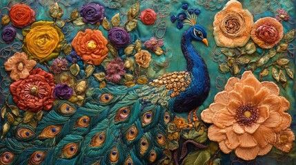 Peacock and Floral Embroidery on a Turquoise Background