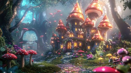 A cute 3D fairy tale castle in a lush, enchanted forest, surrounded by colorful mushrooms, sparkling flowers, and magical creatures.