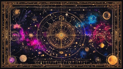 A detailed zodiac chart showcasing all twelve signs, with astrological symbols and cosmic elements, giving an enchanting and astrological insight.