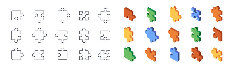 Naklejka premium Set of Puzzle pieces. Simple linear and 3D icons with puzzles of different geometric shapes. Design elements for business. Outline and isometric vector illustration collection isolated on background