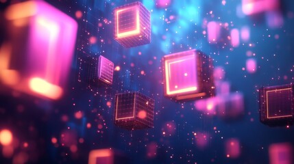 Glowing Cubes Floating in a Digital Space